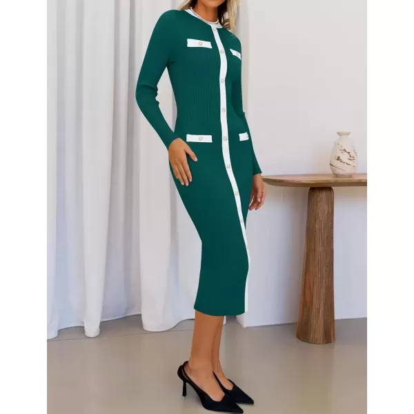 imageZESICA Womens Ribbed Crewneck Sweater Dress 2024 Fall Winter Long Sleeve Button Color Block Knit Midi DressesGreen