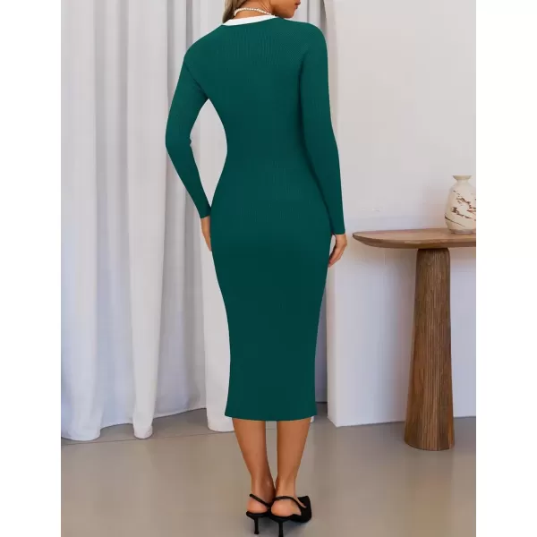 imageZESICA Womens Ribbed Crewneck Sweater Dress 2024 Fall Winter Long Sleeve Button Color Block Knit Midi DressesGreen