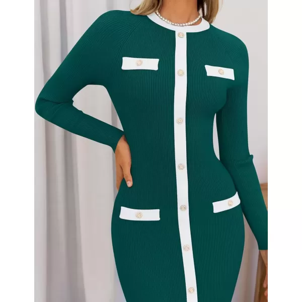imageZESICA Womens Ribbed Crewneck Sweater Dress 2024 Fall Winter Long Sleeve Button Color Block Knit Midi DressesGreen