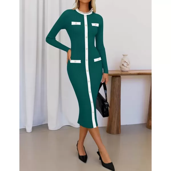 imageZESICA Womens Ribbed Crewneck Sweater Dress 2024 Fall Winter Long Sleeve Button Color Block Knit Midi DressesGreen