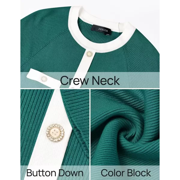 imageZESICA Womens Ribbed Crewneck Sweater Dress 2024 Fall Winter Long Sleeve Button Color Block Knit Midi DressesGreen