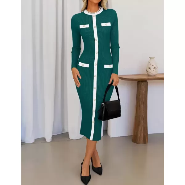 imageZESICA Womens Ribbed Crewneck Sweater Dress 2024 Fall Winter Long Sleeve Button Color Block Knit Midi DressesGreen