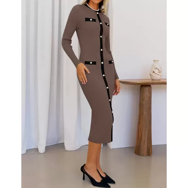 imageZESICA Womens Ribbed Crewneck Sweater Dress 2024 Fall Winter Long Sleeve Button Color Block Knit Midi DressesKhaki
