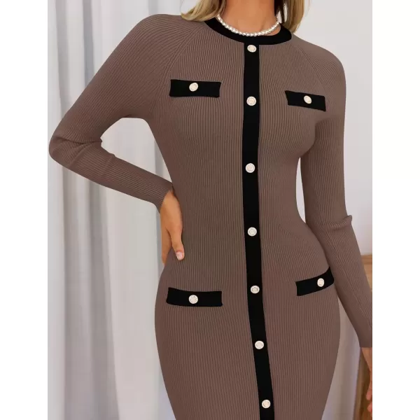 imageZESICA Womens Ribbed Crewneck Sweater Dress 2024 Fall Winter Long Sleeve Button Color Block Knit Midi DressesKhaki