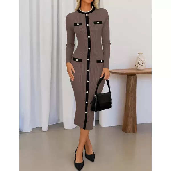 imageZESICA Womens Ribbed Crewneck Sweater Dress 2024 Fall Winter Long Sleeve Button Color Block Knit Midi DressesKhaki