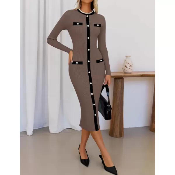 imageZESICA Womens Ribbed Crewneck Sweater Dress 2024 Fall Winter Long Sleeve Button Color Block Knit Midi DressesKhaki