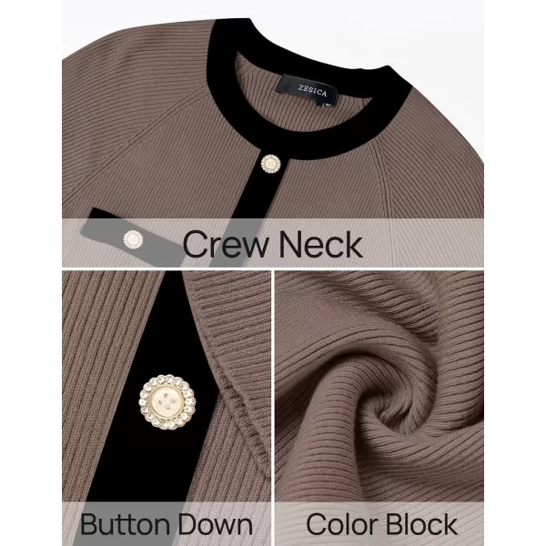 imageZESICA Womens Ribbed Crewneck Sweater Dress 2024 Fall Winter Long Sleeve Button Color Block Knit Midi DressesKhaki