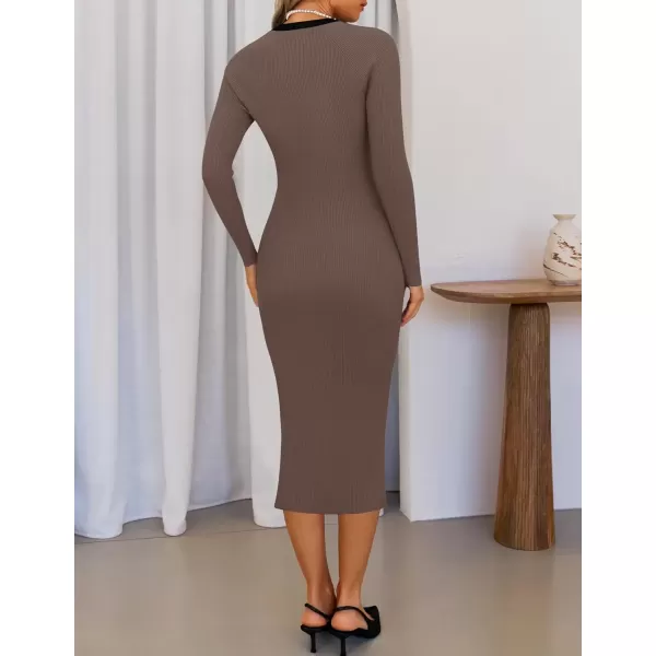 imageZESICA Womens Ribbed Crewneck Sweater Dress 2024 Fall Winter Long Sleeve Button Color Block Knit Midi DressesKhaki