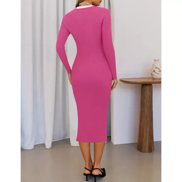 imageZESICA Womens Ribbed Crewneck Sweater Dress 2024 Fall Winter Long Sleeve Button Color Block Knit Midi DressesPink