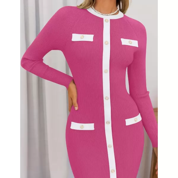 imageZESICA Womens Ribbed Crewneck Sweater Dress 2024 Fall Winter Long Sleeve Button Color Block Knit Midi DressesPink