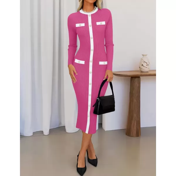 imageZESICA Womens Ribbed Crewneck Sweater Dress 2024 Fall Winter Long Sleeve Button Color Block Knit Midi DressesPink