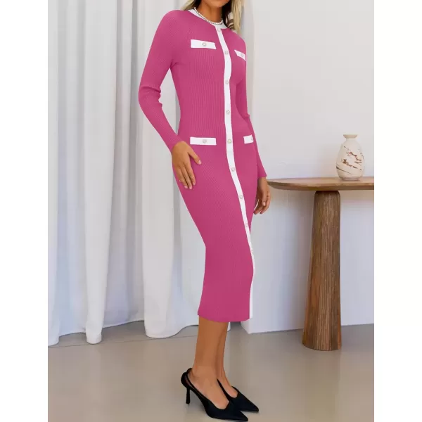 imageZESICA Womens Ribbed Crewneck Sweater Dress 2024 Fall Winter Long Sleeve Button Color Block Knit Midi DressesPink