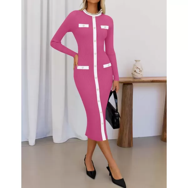 imageZESICA Womens Ribbed Crewneck Sweater Dress 2024 Fall Winter Long Sleeve Button Color Block Knit Midi DressesPink