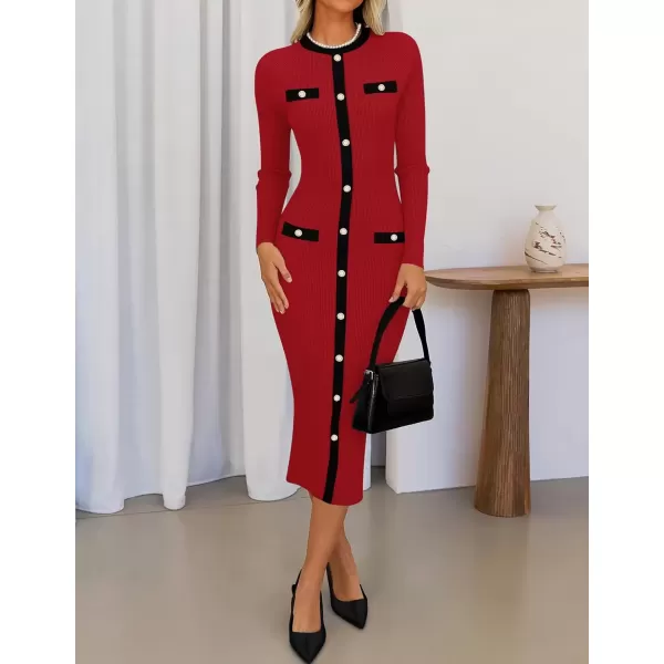 imageZESICA Womens Ribbed Crewneck Sweater Dress 2024 Fall Winter Long Sleeve Button Color Block Knit Midi DressesRed