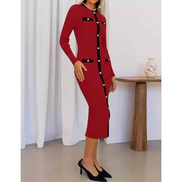 imageZESICA Womens Ribbed Crewneck Sweater Dress 2024 Fall Winter Long Sleeve Button Color Block Knit Midi DressesRed