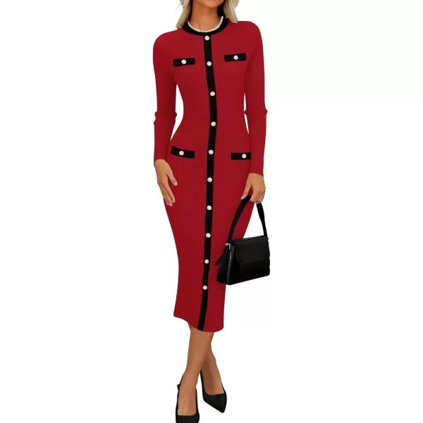 imageZESICA Womens Ribbed Crewneck Sweater Dress 2024 Fall Winter Long Sleeve Button Color Block Knit Midi DressesRed