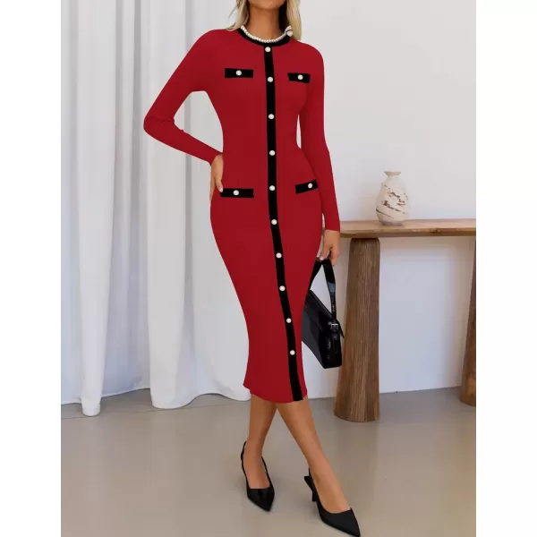 imageZESICA Womens Ribbed Crewneck Sweater Dress 2024 Fall Winter Long Sleeve Button Color Block Knit Midi DressesRed