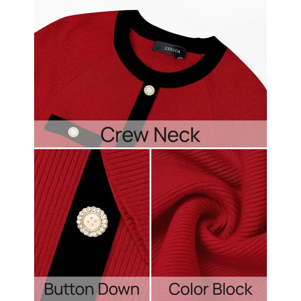 imageZESICA Womens Ribbed Crewneck Sweater Dress 2024 Fall Winter Long Sleeve Button Color Block Knit Midi DressesRed
