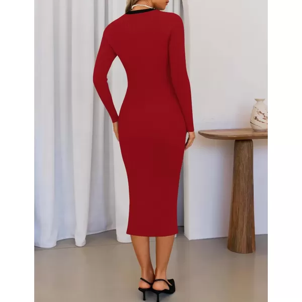 imageZESICA Womens Ribbed Crewneck Sweater Dress 2024 Fall Winter Long Sleeve Button Color Block Knit Midi DressesRed
