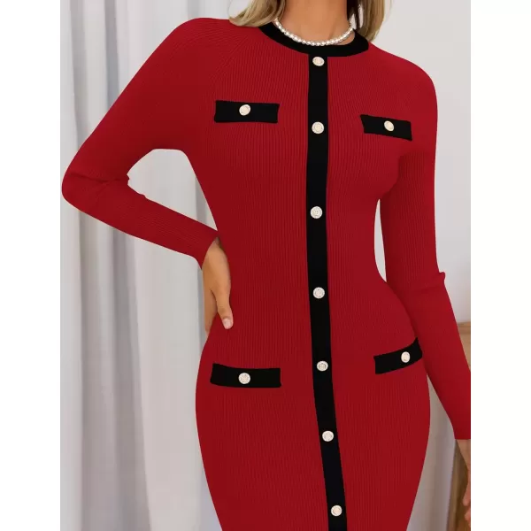 imageZESICA Womens Ribbed Crewneck Sweater Dress 2024 Fall Winter Long Sleeve Button Color Block Knit Midi DressesRed