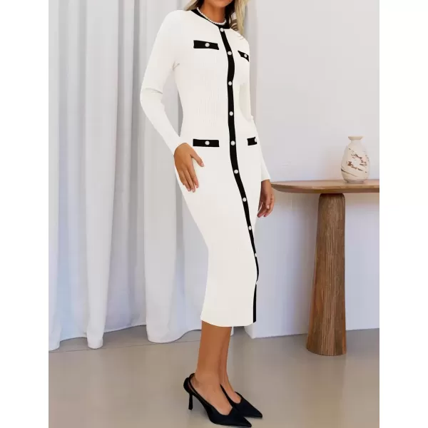 imageZESICA Womens Ribbed Crewneck Sweater Dress 2024 Fall Winter Long Sleeve Button Color Block Knit Midi DressesWhite