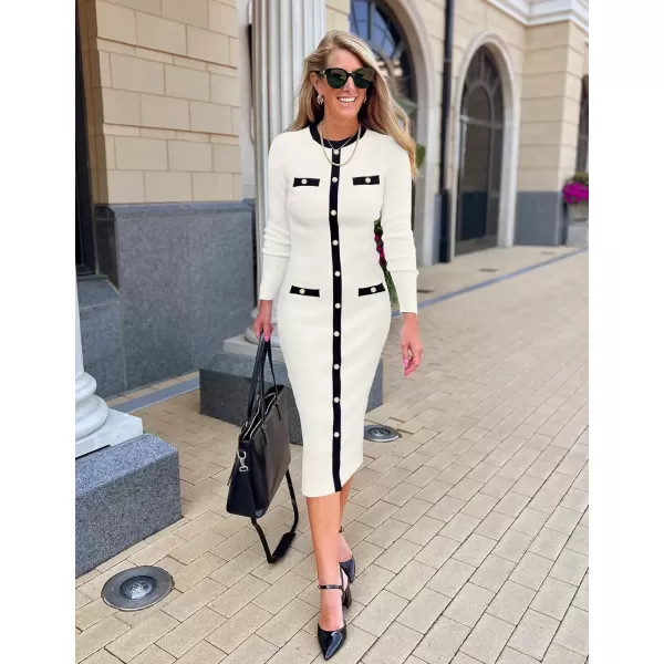 imageZESICA Womens Ribbed Crewneck Sweater Dress 2024 Fall Winter Long Sleeve Button Color Block Knit Midi DressesWhite