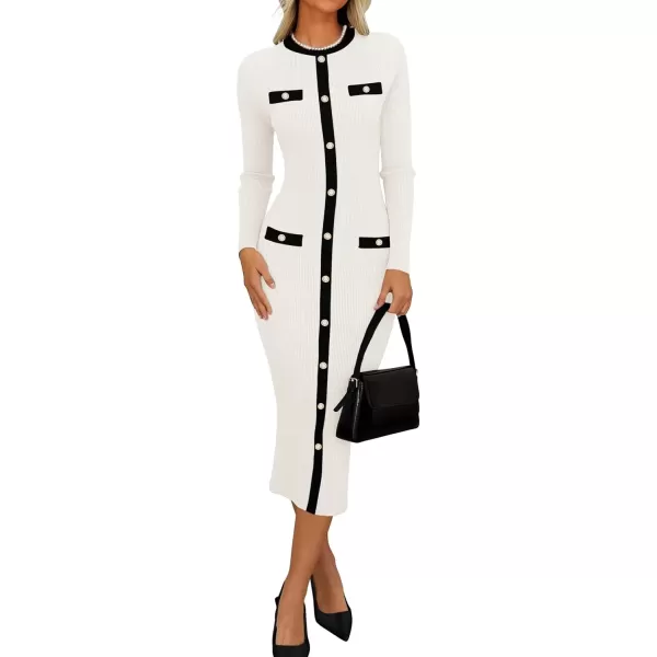 imageZESICA Womens Ribbed Crewneck Sweater Dress 2024 Fall Winter Long Sleeve Button Color Block Knit Midi DressesWhite
