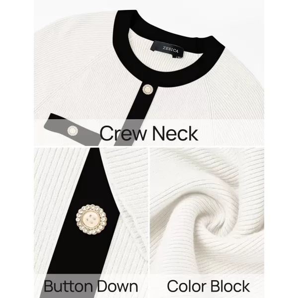 imageZESICA Womens Ribbed Crewneck Sweater Dress 2024 Fall Winter Long Sleeve Button Color Block Knit Midi DressesWhite