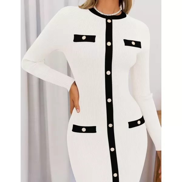 imageZESICA Womens Ribbed Crewneck Sweater Dress 2024 Fall Winter Long Sleeve Button Color Block Knit Midi DressesWhite