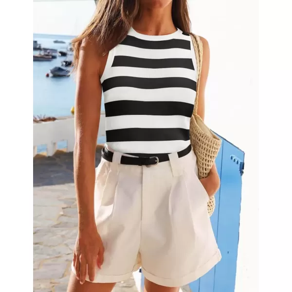 imageZESICA Womens Summer Knit Striped Tank Tops 2024 Trendy Crewneck Sleeveless ShirtsBlack