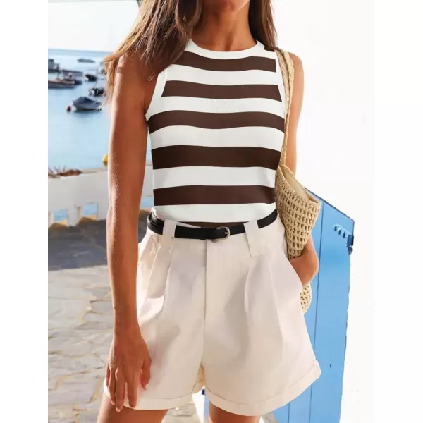 imageZESICA Womens Summer Knit Striped Tank Tops 2024 Trendy Crewneck Sleeveless ShirtsBrown