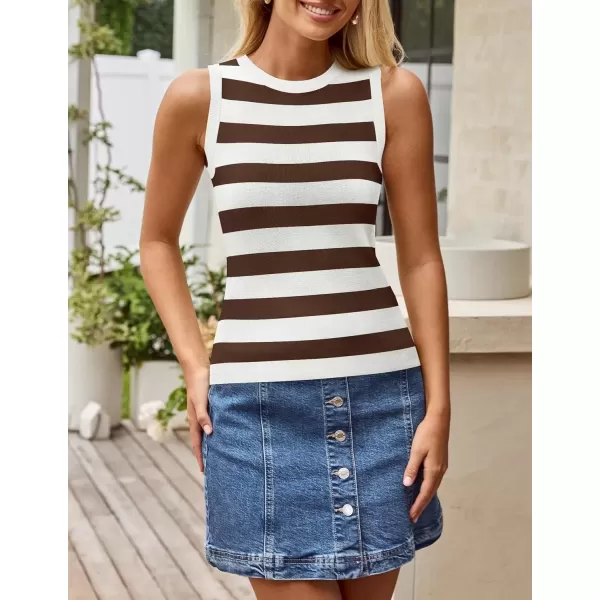 imageZESICA Womens Summer Knit Striped Tank Tops 2024 Trendy Crewneck Sleeveless ShirtsBrown