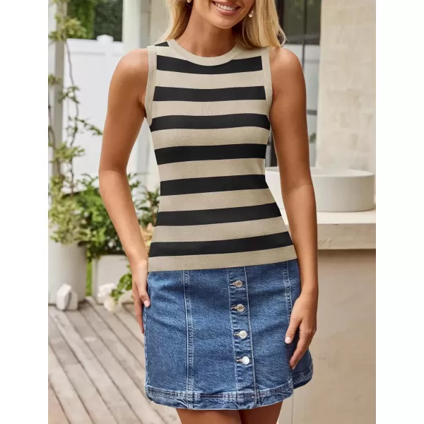 imageZESICA Womens Summer Knit Striped Tank Tops 2024 Trendy Crewneck Sleeveless ShirtsKhaki