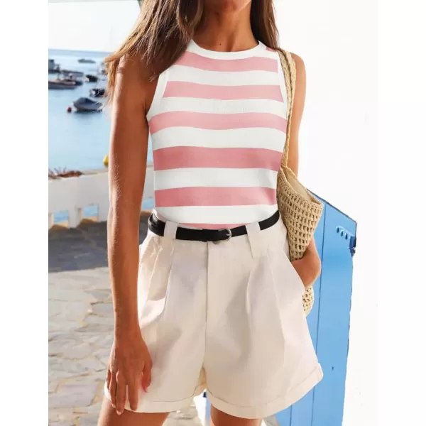 imageZESICA Womens Summer Knit Striped Tank Tops 2024 Trendy Crewneck Sleeveless ShirtsPink