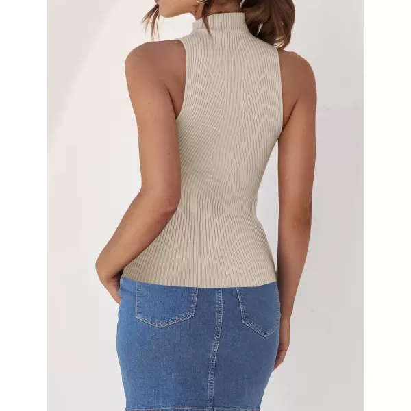 imageZESICA Womens Summer Ribbed High Neck Tank Tops Slim Fit 2024 Fashion Casual Basic Knit Sleeveless ShirtsAlmond