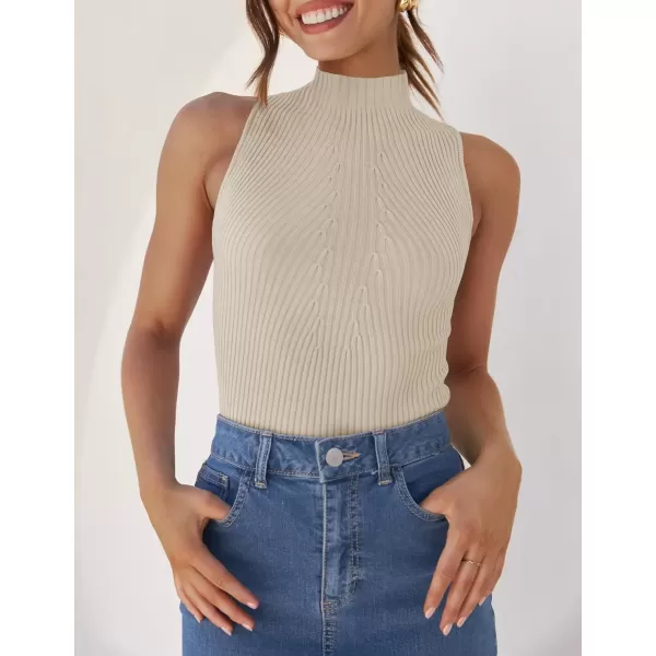 imageZESICA Womens Summer Ribbed High Neck Tank Tops Slim Fit 2024 Fashion Casual Basic Knit Sleeveless ShirtsAlmond