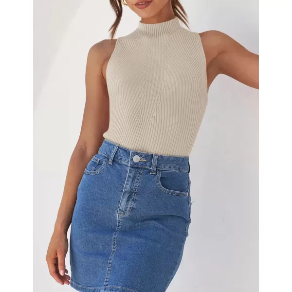 imageZESICA Womens Summer Ribbed High Neck Tank Tops Slim Fit 2024 Fashion Casual Basic Knit Sleeveless ShirtsAlmond