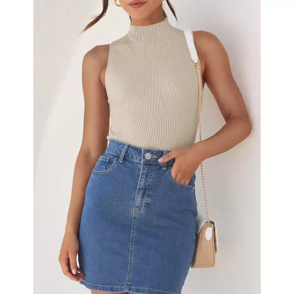 imageZESICA Womens Summer Ribbed High Neck Tank Tops Slim Fit 2024 Fashion Casual Basic Knit Sleeveless ShirtsAlmond