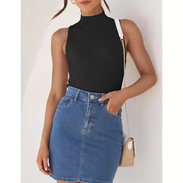 imageZESICA Womens Summer Ribbed High Neck Tank Tops Slim Fit 2024 Fashion Casual Basic Knit Sleeveless ShirtsBlack