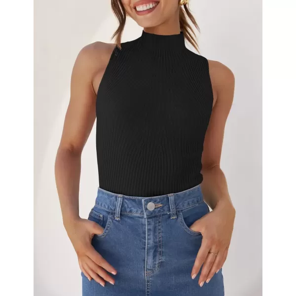 imageZESICA Womens Summer Ribbed High Neck Tank Tops Slim Fit 2024 Fashion Casual Basic Knit Sleeveless ShirtsBlack