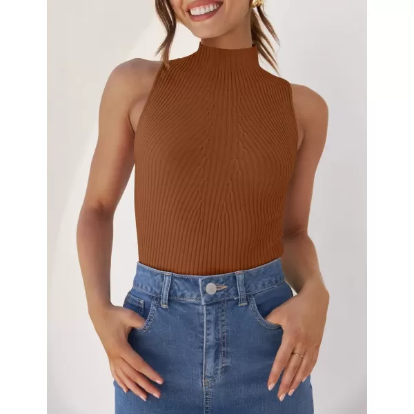 imageZESICA Womens Summer Ribbed High Neck Tank Tops Slim Fit 2024 Fashion Casual Basic Knit Sleeveless ShirtsCaramel