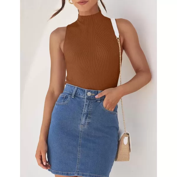 imageZESICA Womens Summer Ribbed High Neck Tank Tops Slim Fit 2024 Fashion Casual Basic Knit Sleeveless ShirtsCaramel