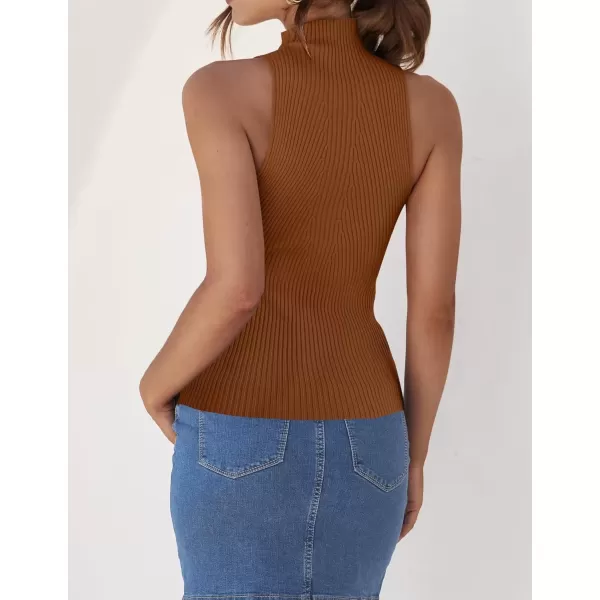 imageZESICA Womens Summer Ribbed High Neck Tank Tops Slim Fit 2024 Fashion Casual Basic Knit Sleeveless ShirtsCaramel