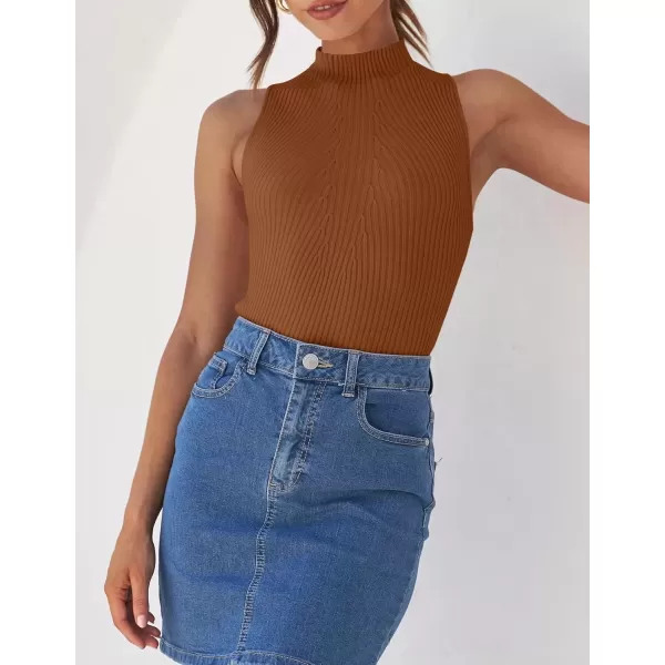 imageZESICA Womens Summer Ribbed High Neck Tank Tops Slim Fit 2024 Fashion Casual Basic Knit Sleeveless ShirtsCaramel