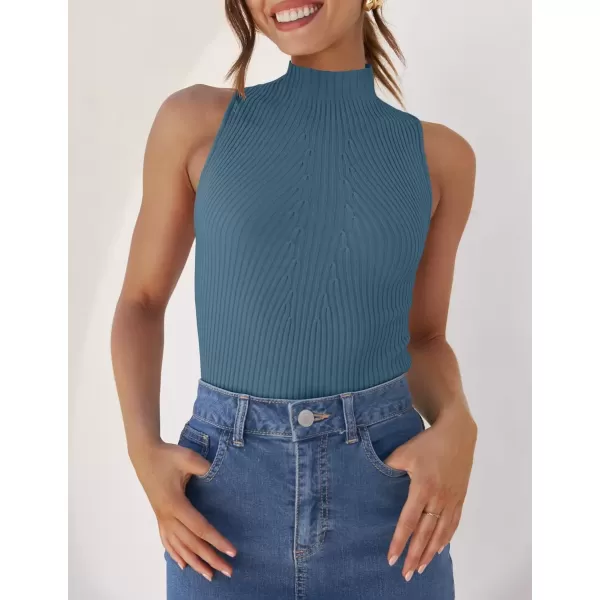 imageZESICA Womens Summer Ribbed High Neck Tank Tops Slim Fit 2024 Fashion Casual Basic Knit Sleeveless ShirtsDustyblue
