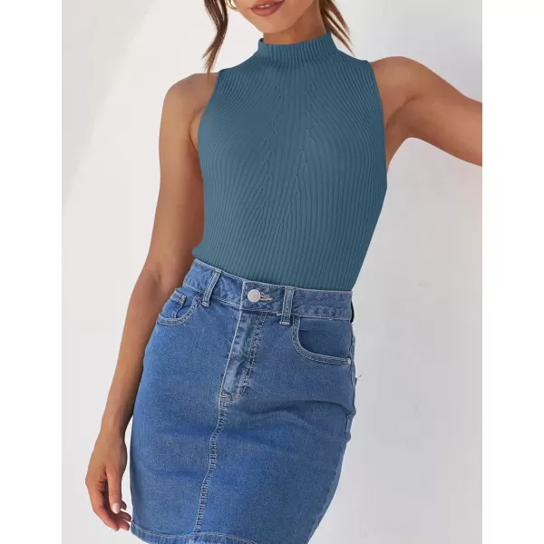 imageZESICA Womens Summer Ribbed High Neck Tank Tops Slim Fit 2024 Fashion Casual Basic Knit Sleeveless ShirtsDustyblue