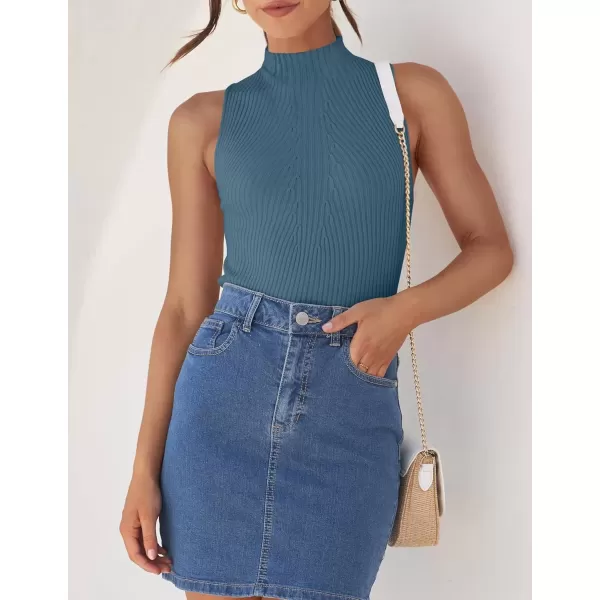 imageZESICA Womens Summer Ribbed High Neck Tank Tops Slim Fit 2024 Fashion Casual Basic Knit Sleeveless ShirtsDustyblue