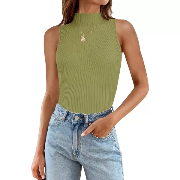 imageZESICA Womens Summer Ribbed High Neck Tank Tops Slim Fit 2024 Fashion Casual Basic Knit Sleeveless ShirtsGreen