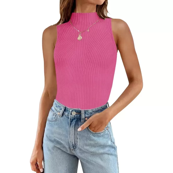 imageZESICA Womens Summer Ribbed High Neck Tank Tops Slim Fit 2024 Fashion Casual Basic Knit Sleeveless ShirtsHotpink