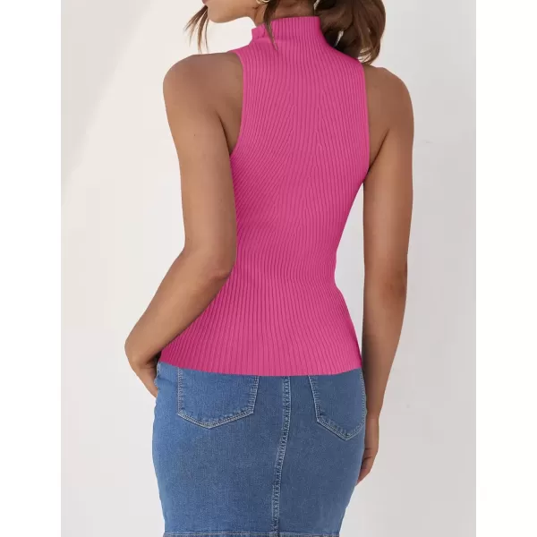 imageZESICA Womens Summer Ribbed High Neck Tank Tops Slim Fit 2024 Fashion Casual Basic Knit Sleeveless ShirtsHotpink